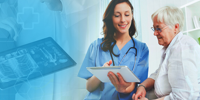  A healthcare worker using a tablet that is managed and secured by SOTI ONE Platform