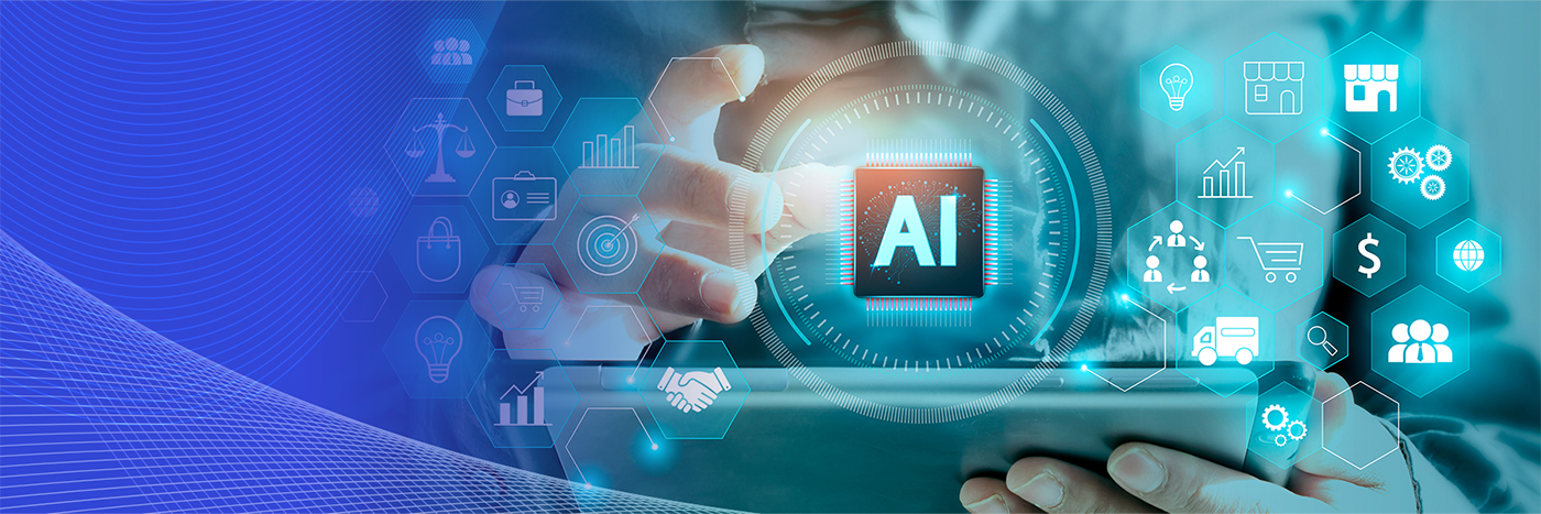 A hand reaching towards a hologram with a computer chip in the middle with the letters AI